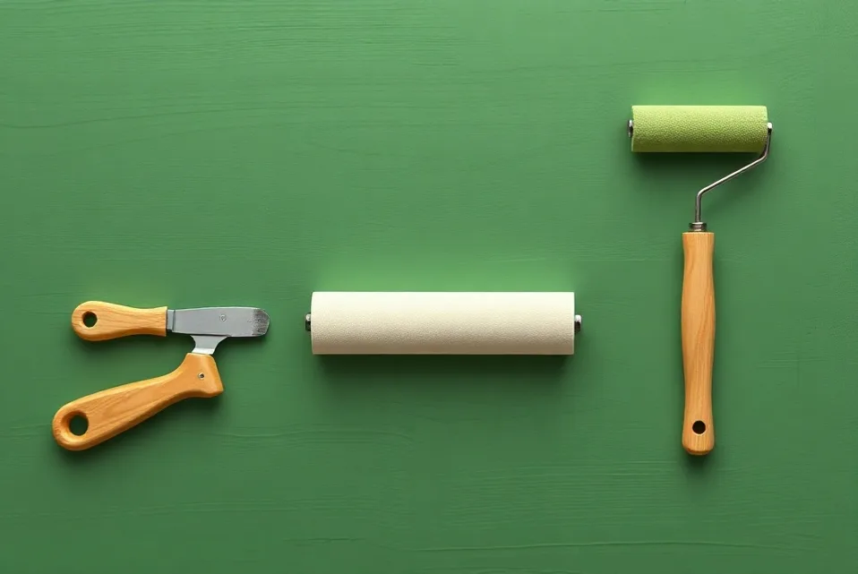 Outils de peinture disposés dans l'ordre des étapes du chantier