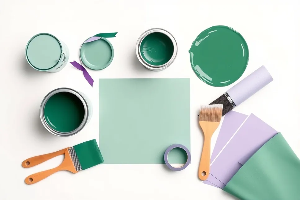 Pots de peinture, nuancier, brosses et rouleaux disposés à plat