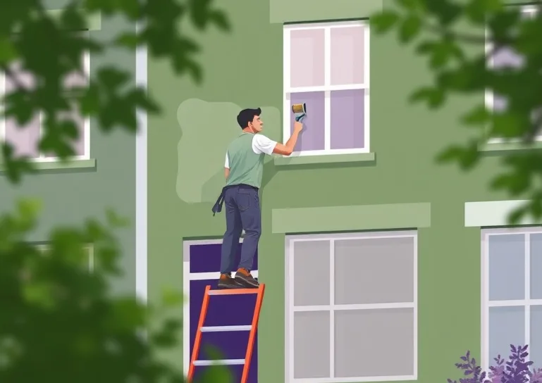 Peintre sur échafaudage traitant la façade d'une maison